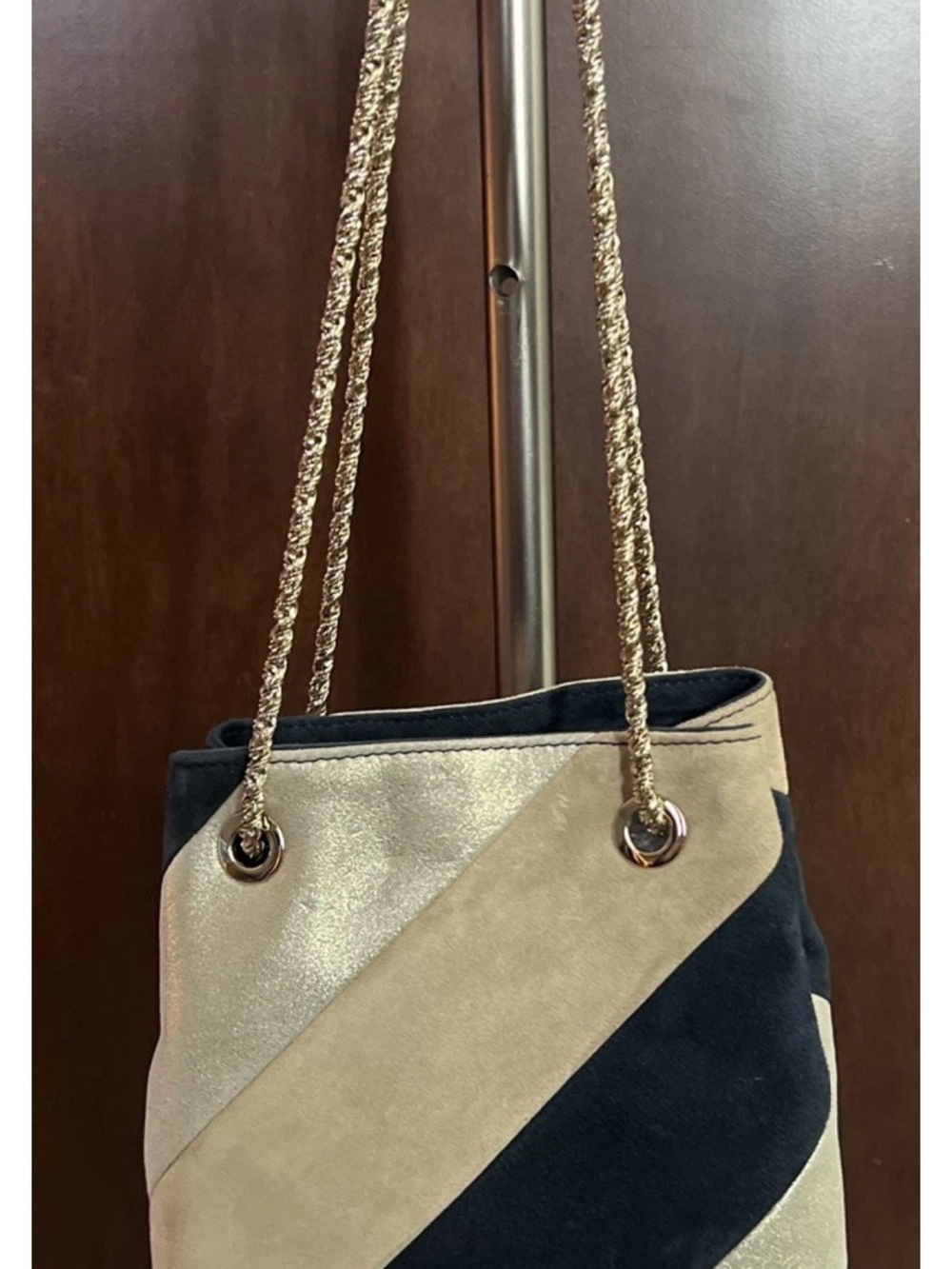 Sezane Hope Striped Soft Suede Bucket Bag w/gold chain